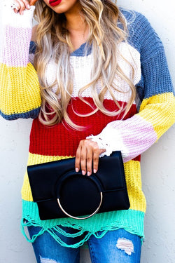 Rainbow Color Block Distressed Knit Pullover Tunic Sweater