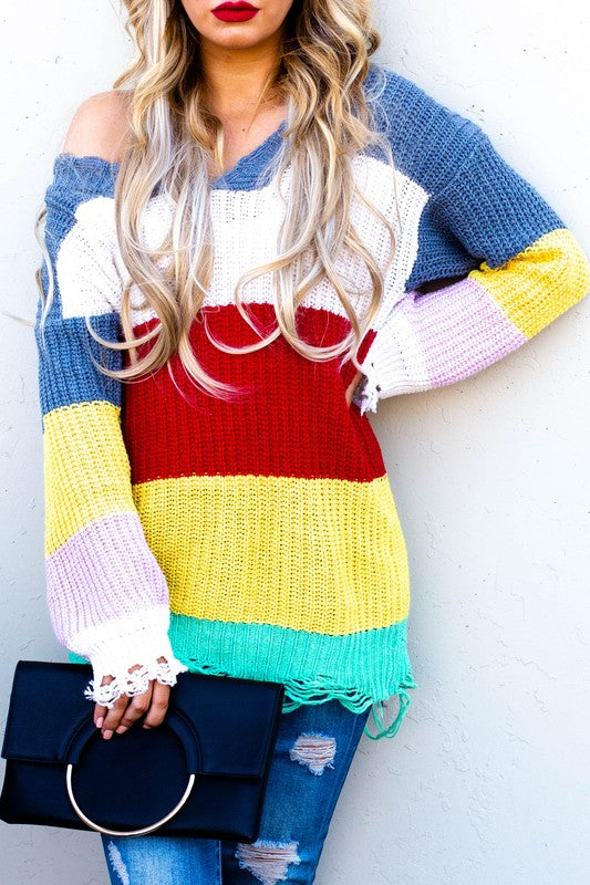 Rainbow Color Block Distressed Knit Pullover Tunic Sweater