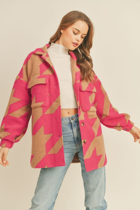 Houndstooth Print Oversize Shacket Fuchsia/Taupe