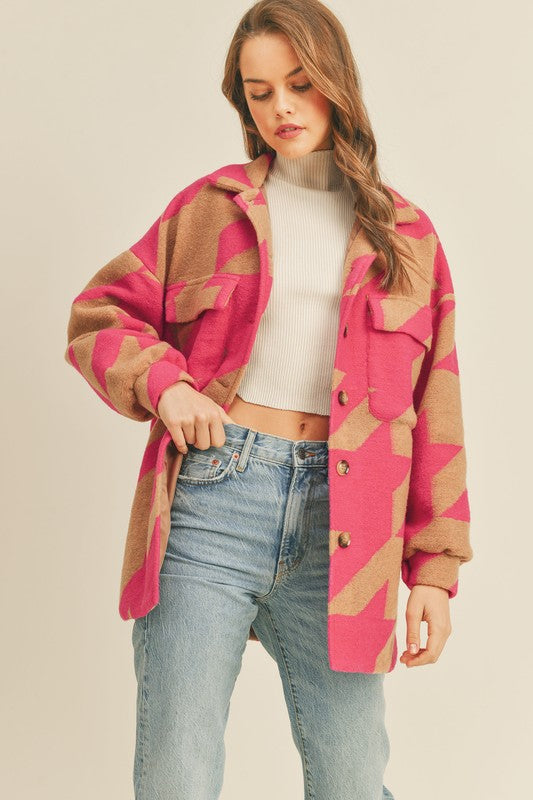 Houndstooth Print Oversize Shacket Fuchsia/Taupe