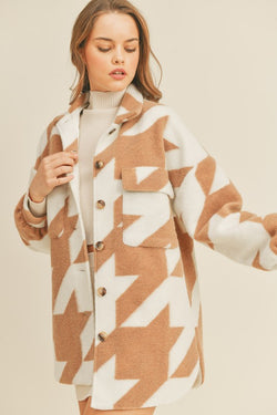 Houndstooth Print Oversize Shacket White/Taupe