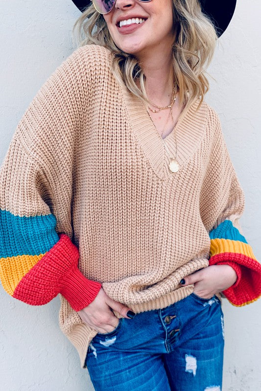 Color Block Balloon Sleeve Sweater Taupe