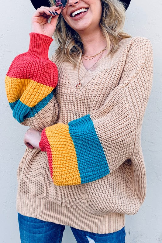 Color Block Balloon Sleeve Sweater Taupe