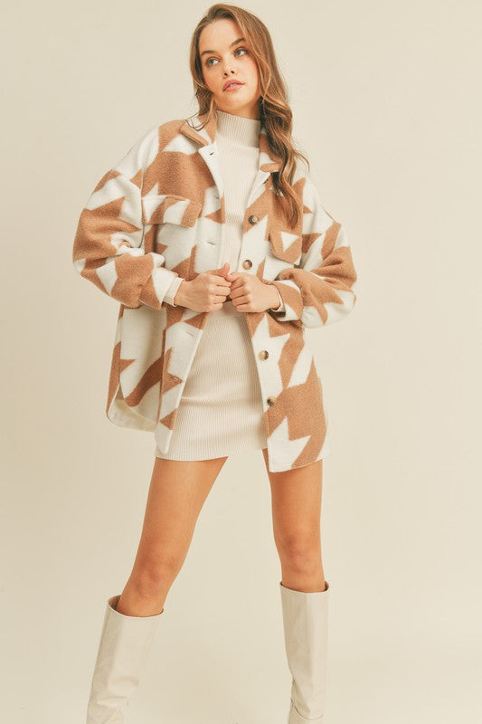Houndstooth Print Oversize Shacket White/Taupe