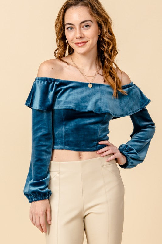 Velvet Off Shoulder Crop Top Teal