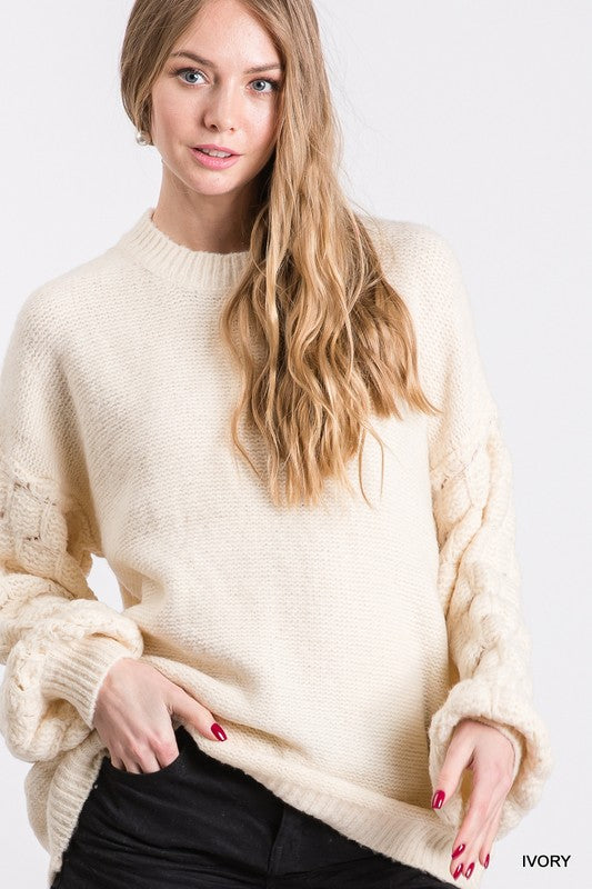 Textured Bubble Sleeve Pullover Sweater Ivory