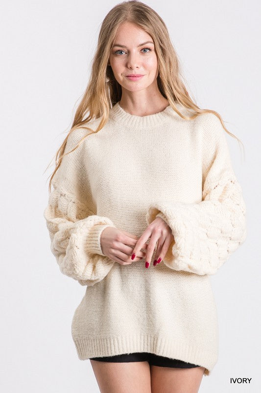 Textured Bubble Sleeve Pullover Sweater Ivory