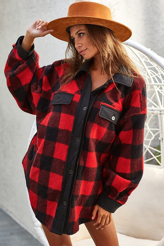 Soft Button Down Checkered Shacket Red / Black