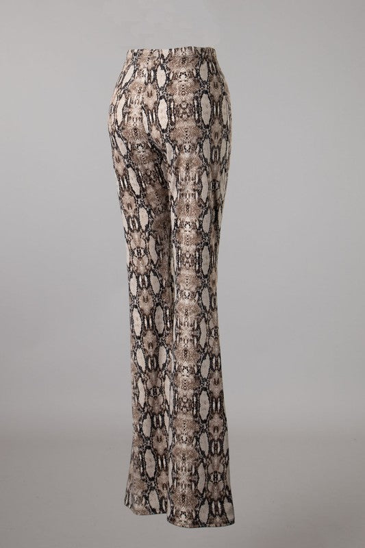 Snake Print Flare Pant Khaki - Athens Georgia Women's Fashion Boutique
