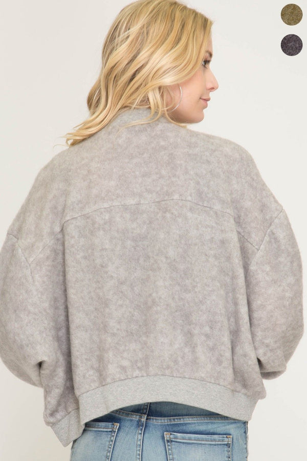 Brushed Bomber Jacket with Pockets Grey - Athens Georgia Women's Fashion Boutique