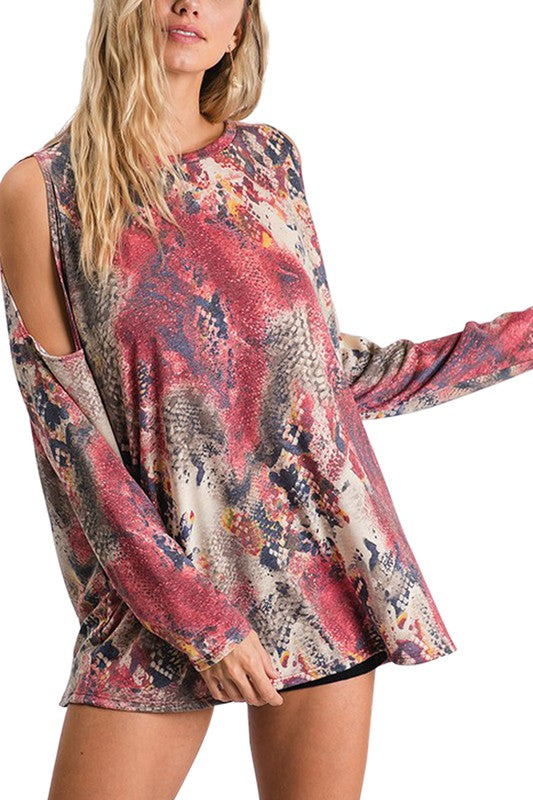 Animal Print Cold Shoulder Top Wine