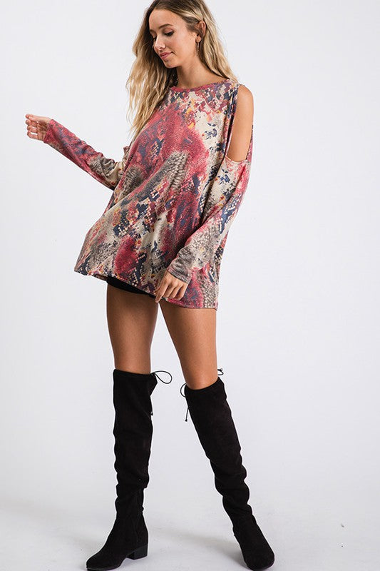 Animal Print Cold Shoulder Top Wine