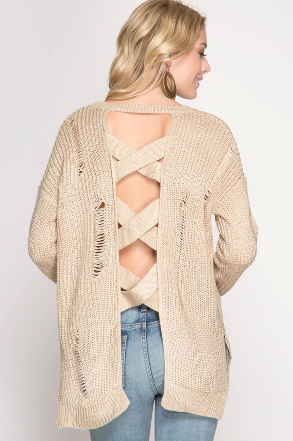 Distressed Sweater Open Back Straps Taupe - Athens Georgia Women's Fashion Boutique