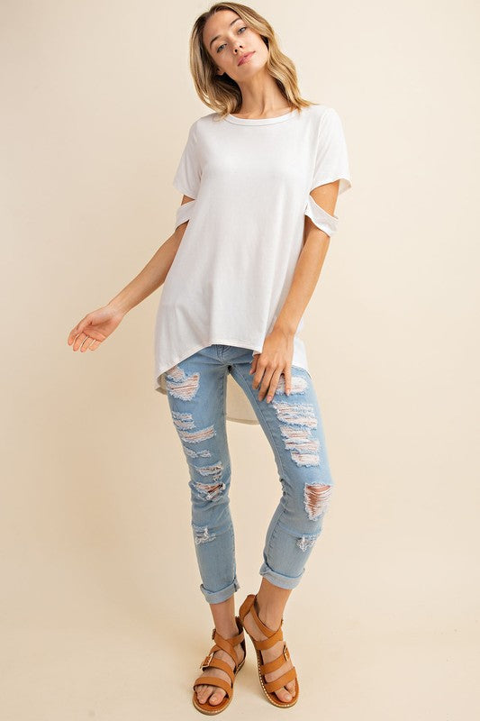 Jersey Cut Out Sleeve Hi-Low Top Dove
