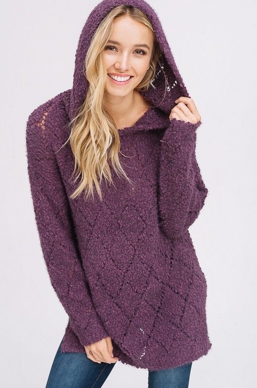 Popcorn Soft Fur Pullover Hoodie Sweater Plum - Athens Georgia Women's Fashion Boutique