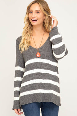 Long Sleeve Striped V-Neck Knit Sweater Grey - Athens Georgia Women's Fashion Boutique