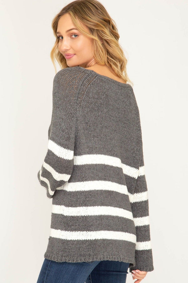 Long Sleeve Striped V-Neck Knit Sweater Grey - Athens Georgia Women's Fashion Boutique