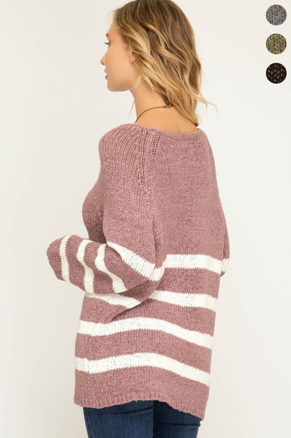 Long Sleeve Striped V-Neck Knit Sweater Rose - Athens Georgia Women's Fashion Boutique