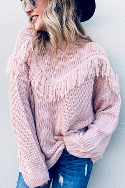 Fringe Detail Pullover Sweater Pink