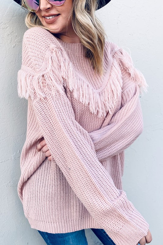 Fringe Detail Pullover Sweater Pink