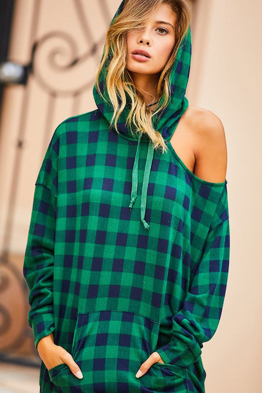 Kangaroo Pocket Tartan Hoodie Top Green