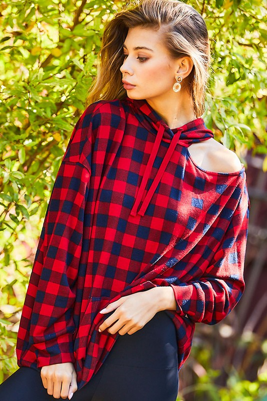 Kangaroo Pocket Tartan Hoodie Top Red