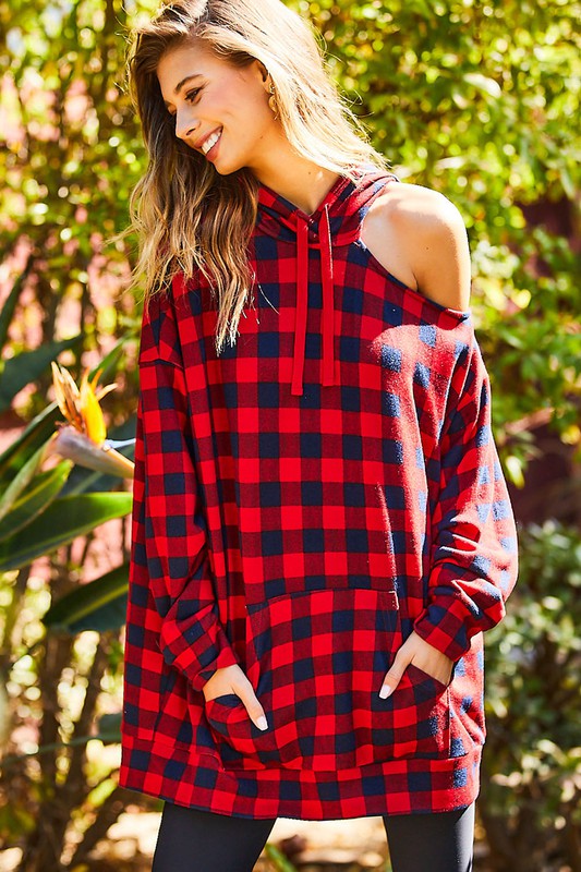 Kangaroo Pocket Tartan Hoodie Top Red