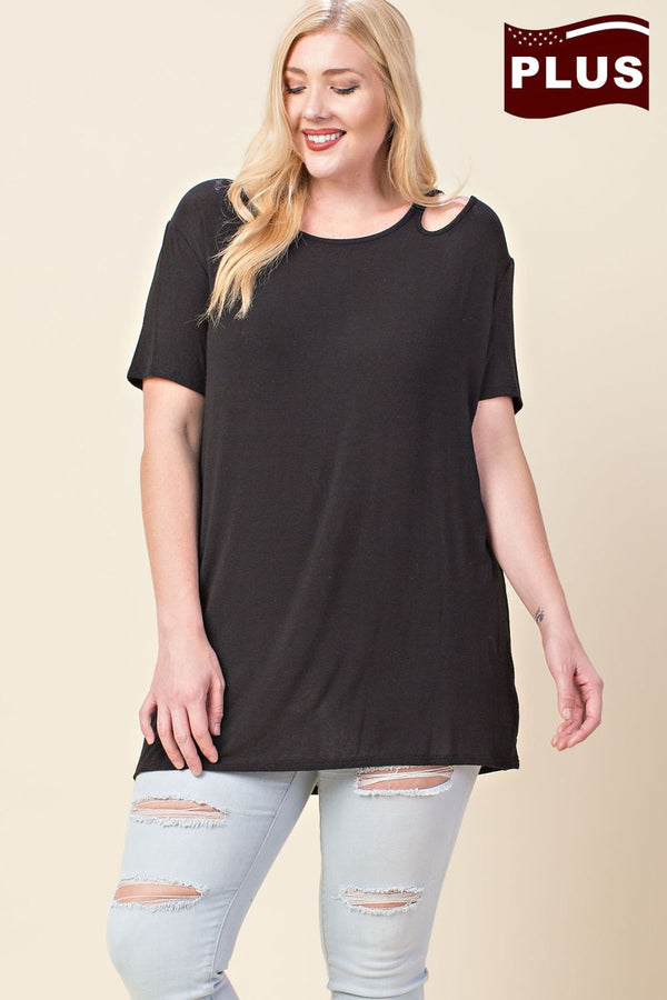 Round Neck Asymmetric Shoulder Cutout Top Black - Athens Georgia Women's Fashion Boutique