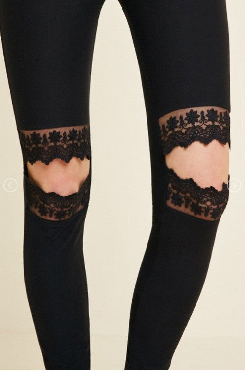 Lace Cutout Brushed Leggings Black