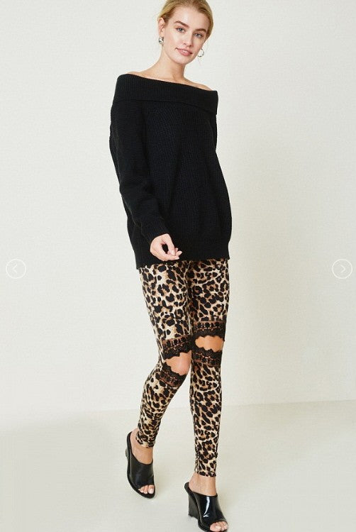 Leopard Lace Cutout Leggings Brown