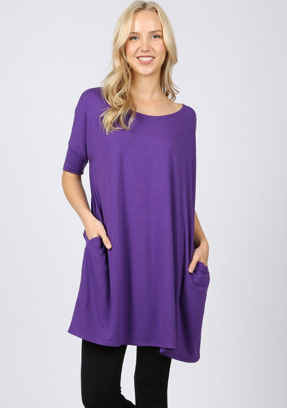Half Sleeve Drop Shoulder Front Pockets Top Purple - Athens Georgia Women's Fashion Boutique