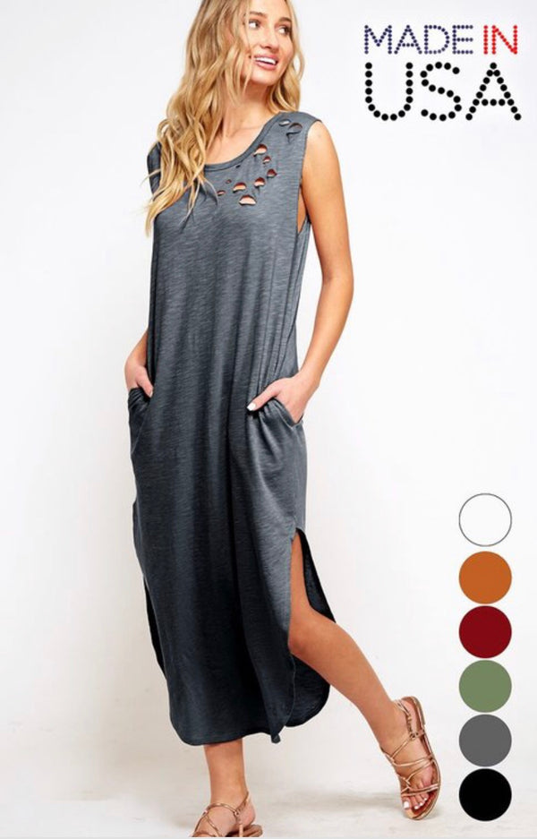 Tank Top Maxi Dress w/Side Slits Charcoal - Athens Georgia Women's Fashion Boutique