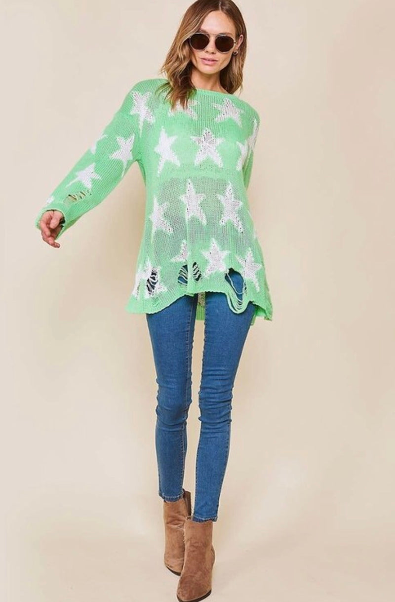 Distressed Star Print Knit Lightweight Sweater Mint - Athens Georgia Women's Fashion Boutique