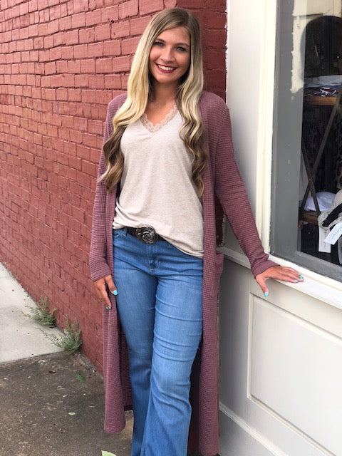 Waffle Knit Long Sleeve Cardigan Red Bean - Athens Georgia Women's Fashion Boutique