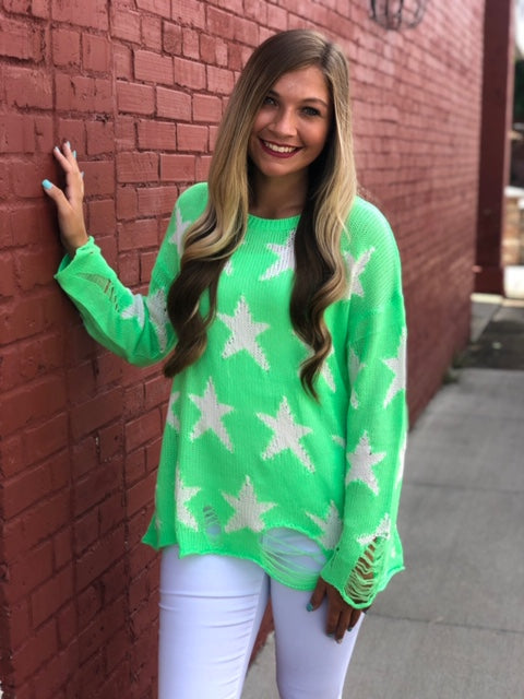 Distressed Star Print Knit Lightweight Sweater Neon Green - Athens Georgia Women's Fashion Boutique