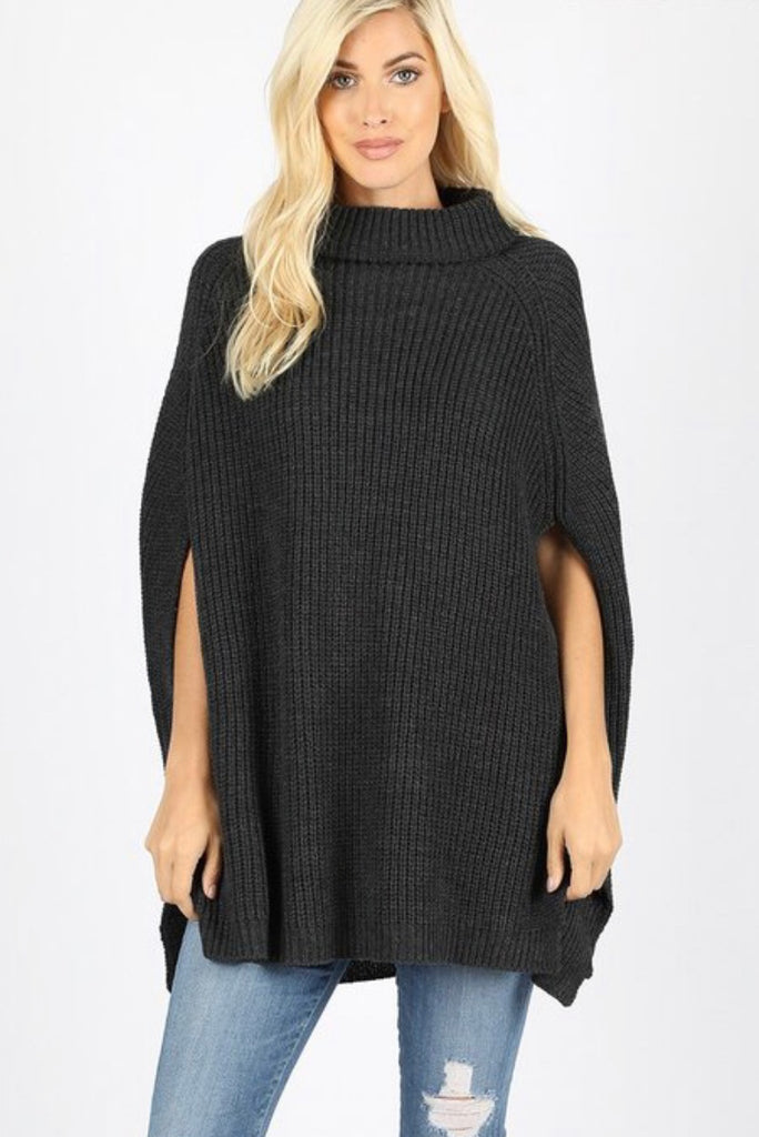 Turtleneck Poncho Sweater Top Charcoal - Southern Fashion Boutique