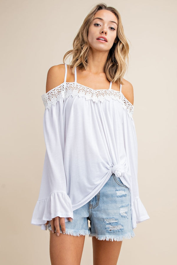 Crochet Trimmed Open Shoulder Knit Top White - Athens Georgia Women's Fashion Boutique