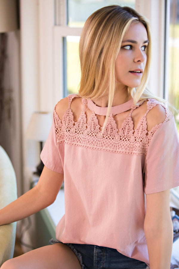 Cotton Jersey Opened Trim Front Knit Top Rose - Athens Georgia Women's Fashion Boutique