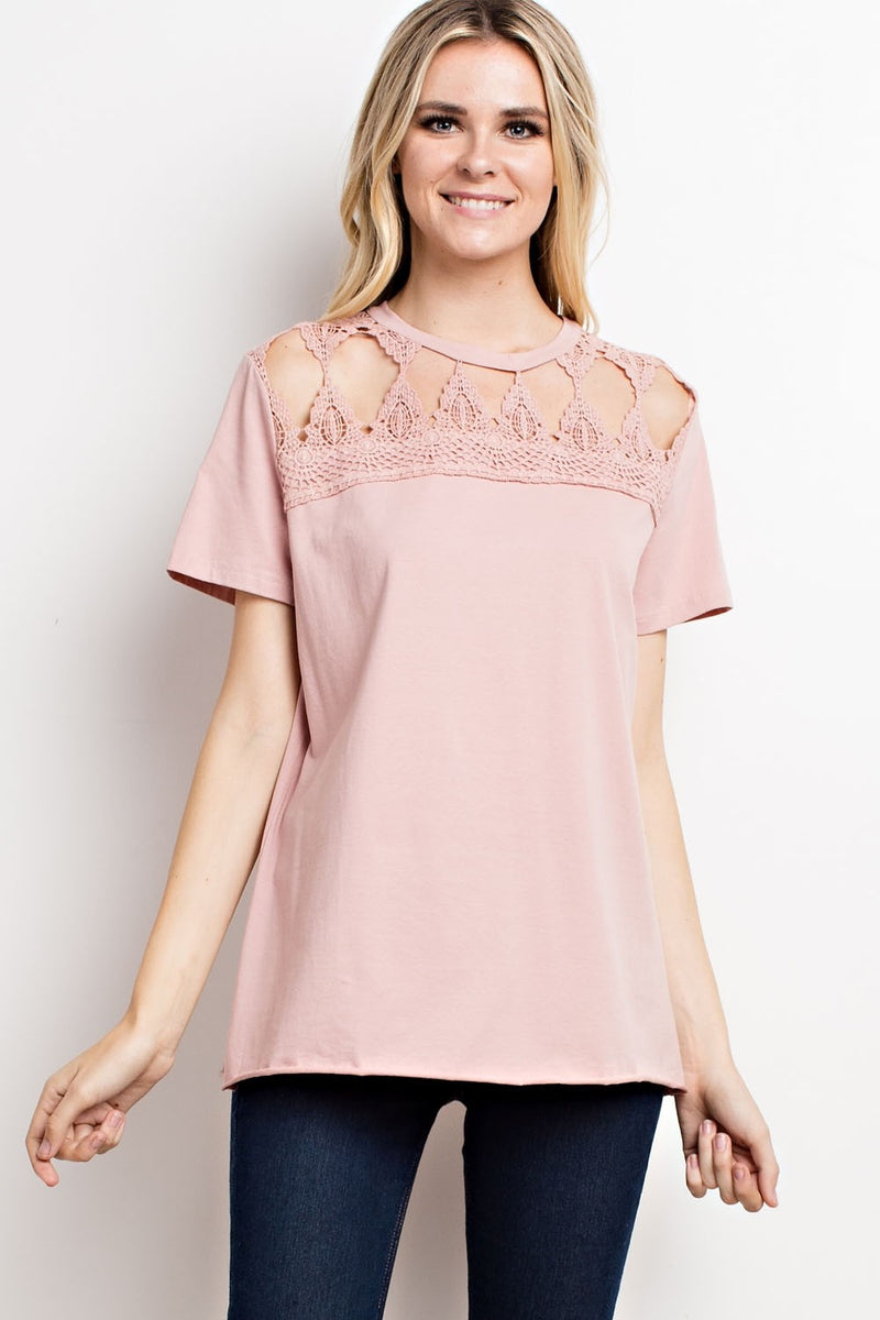 Cotton Jersey Opened Trim Front Knit Top Rose - Athens Georgia Women's Fashion Boutique