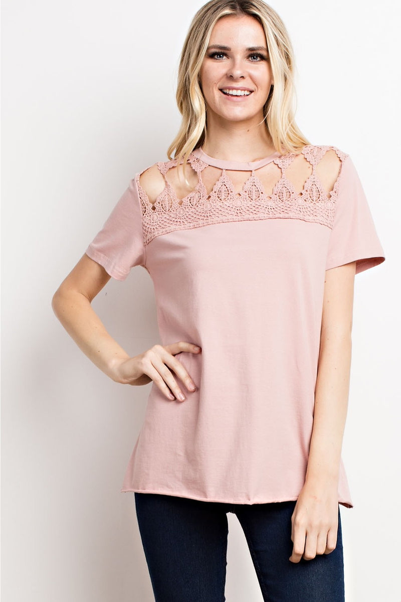 Cotton Jersey Opened Trim Front Knit Top Rose - Athens Georgia Women's Fashion Boutique