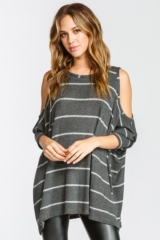 Cold Shoulder Round Neck 3/4 Sleeve Top Charcoal - Athens Georgia Women's Fashion Boutique