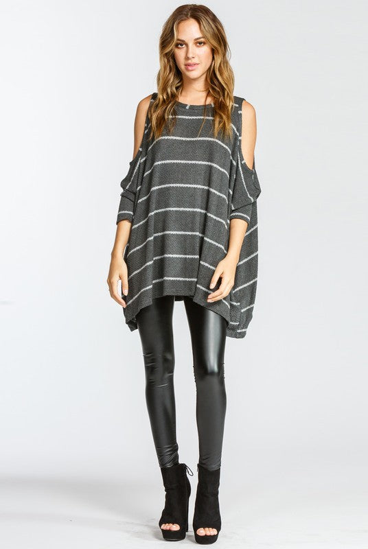 Cold Shoulder Round Neck 3/4 Sleeve Top Charcoal - Athens Georgia Women's Fashion Boutique