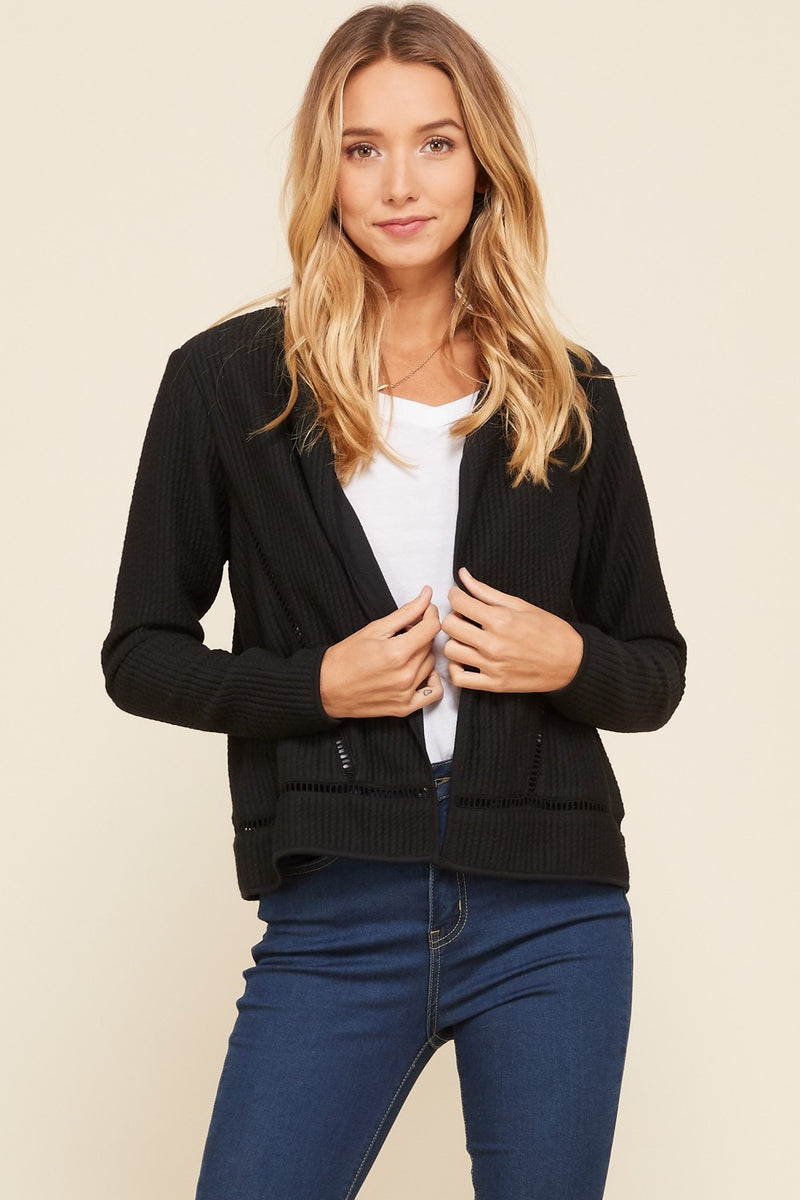 Knit Lace Insert Long Sleeve Quilted Jacket Black - Athens Georgia Women's Fashion Boutique