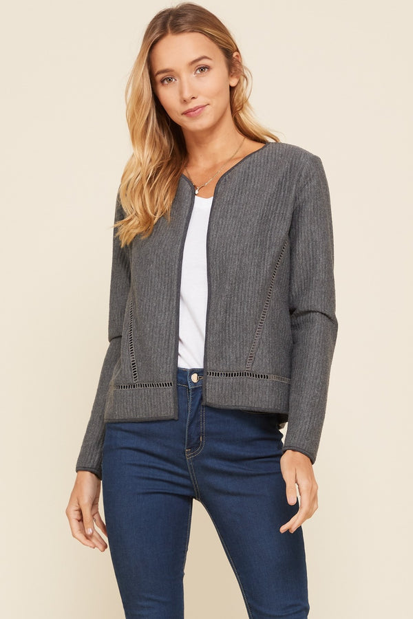 Knit Lace Insert Long Sleeve Quilted Jacket Charcoal - Athens Georgia Women's Fashion Boutique