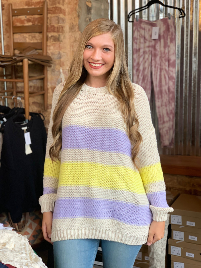Color Block Rugby Stripe Sweater Lilac/Yellow
