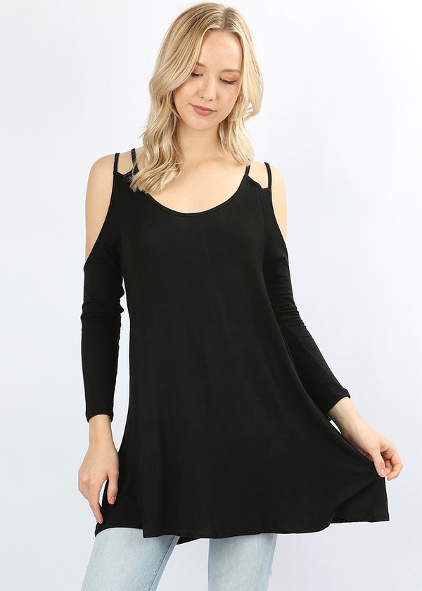 Double Shoulder Strap Cold Shoulder Top Black - Athens Georgia Women's Fashion Boutique