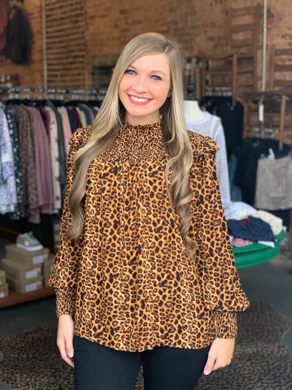 Leopard Smocked Blouse Top Mocha