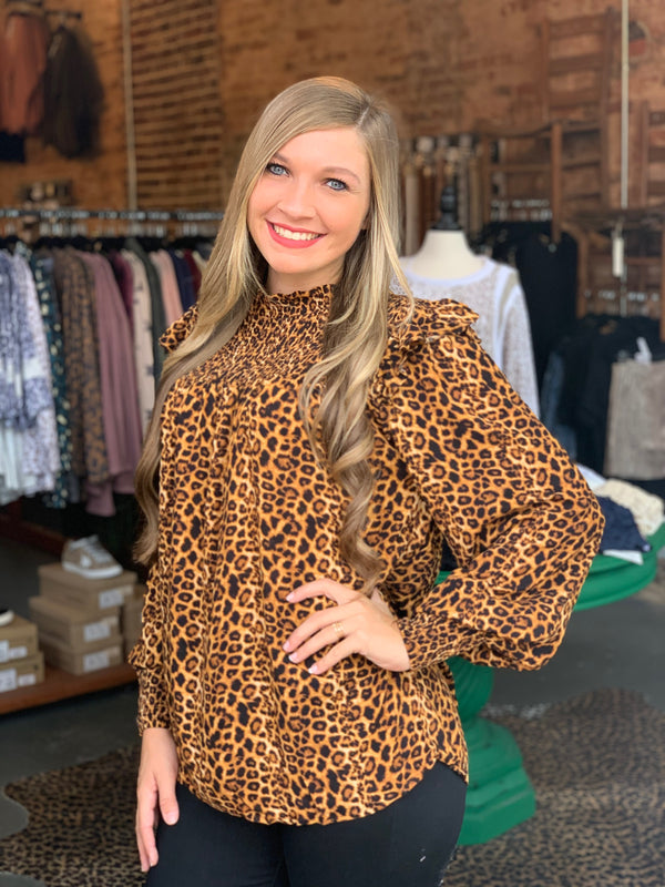 Leopard Smocked Blouse Top Mocha