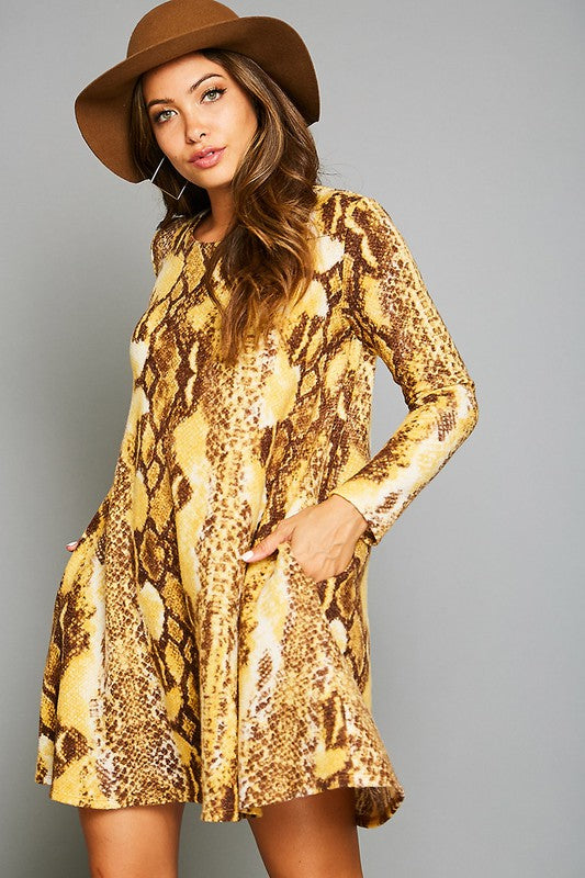 Animal Printed Mini Pocket Dress Mustard