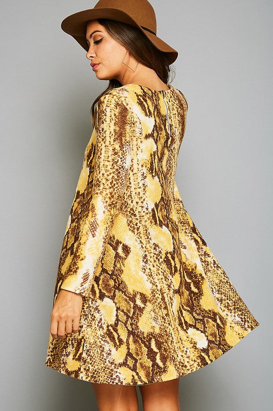 Animal Printed Mini Pocket Dress Mustard